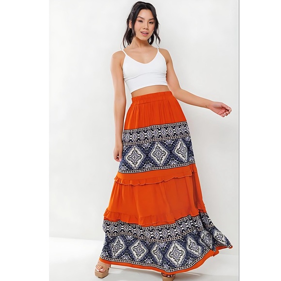 Border Print Brick and Blue Lined Tiered Maxi Skirt with Ruffles - Picture 3 of 5